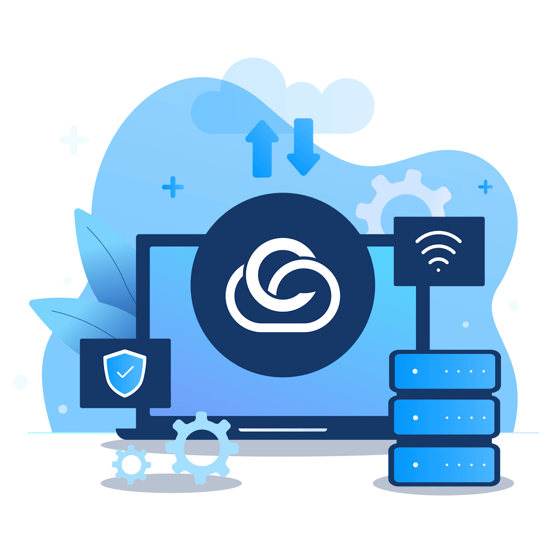 The image showcases Configured Cloud with a central cloud icon on a laptop screen. It includes symbols for security, wireless connectivity, gears for settings, and a database stack, representing reliable hosting services and digital infrastructure.