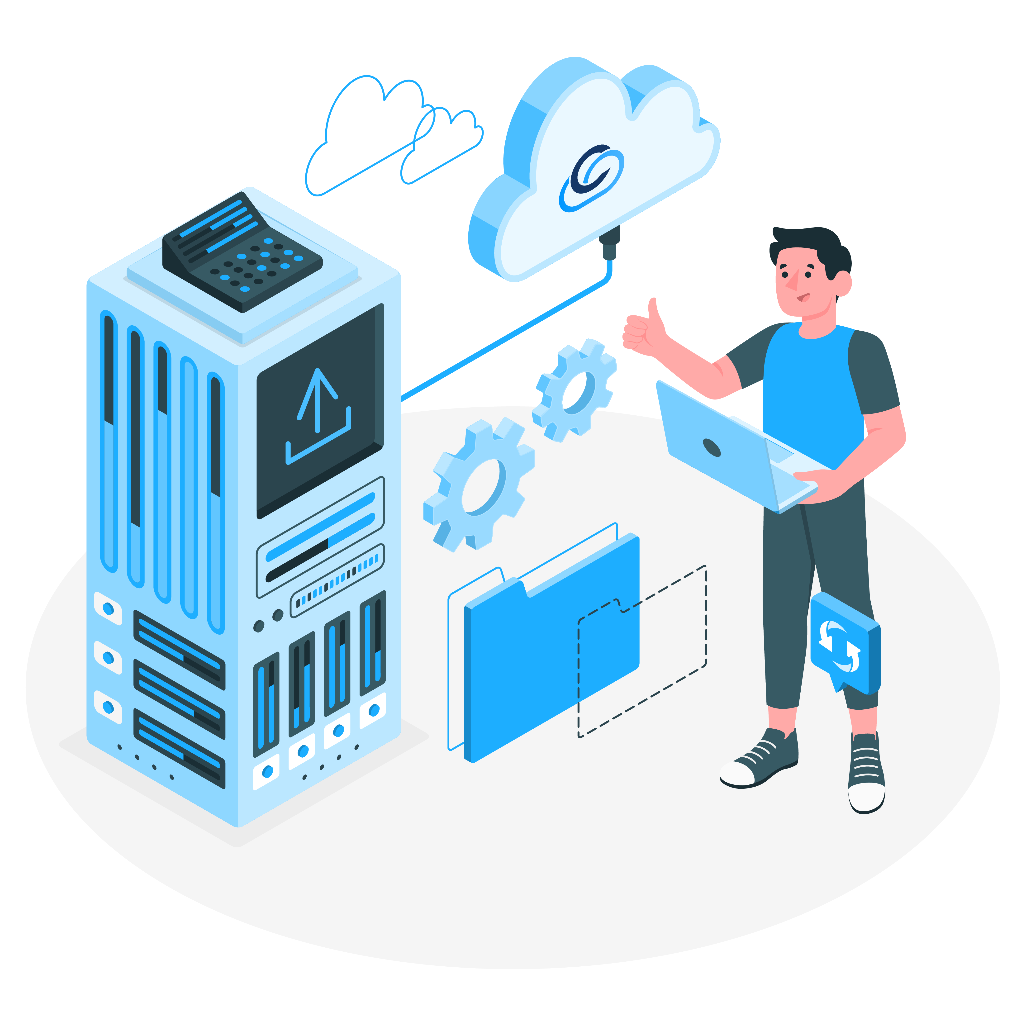 This image depicts a person using a laptop, connected to a cloud via a server, representing a well-configured cloud infrastructure. It highlights reliable hosting services with smooth data upload, synchronization, and system integration.