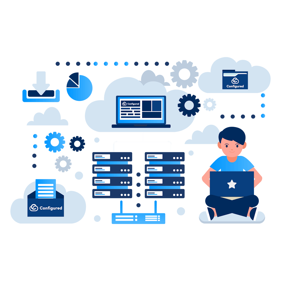 The image shows a person working on a laptop, surrounded by symbols representing configured cloud systems and reliable hosting services. There are servers, gears, folders, and networking icons, suggesting cloud computing and data management.