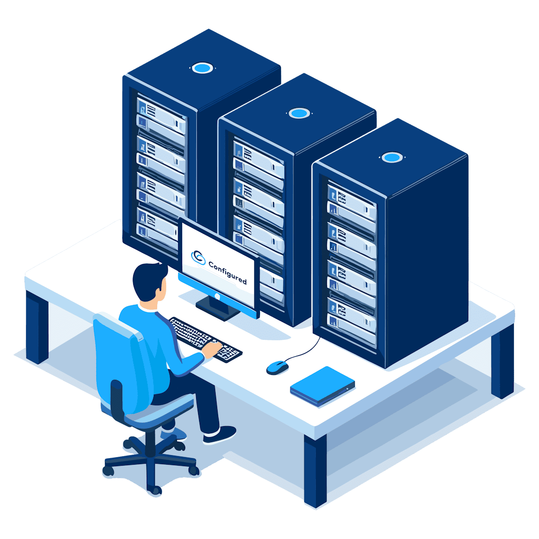 This image depicts two business professionals standing near server racks, symbolizing robust data infrastructure. The 'Configured' cloud logo represents reliable hosting services, offering dedicated server solutions for seamless business operations.