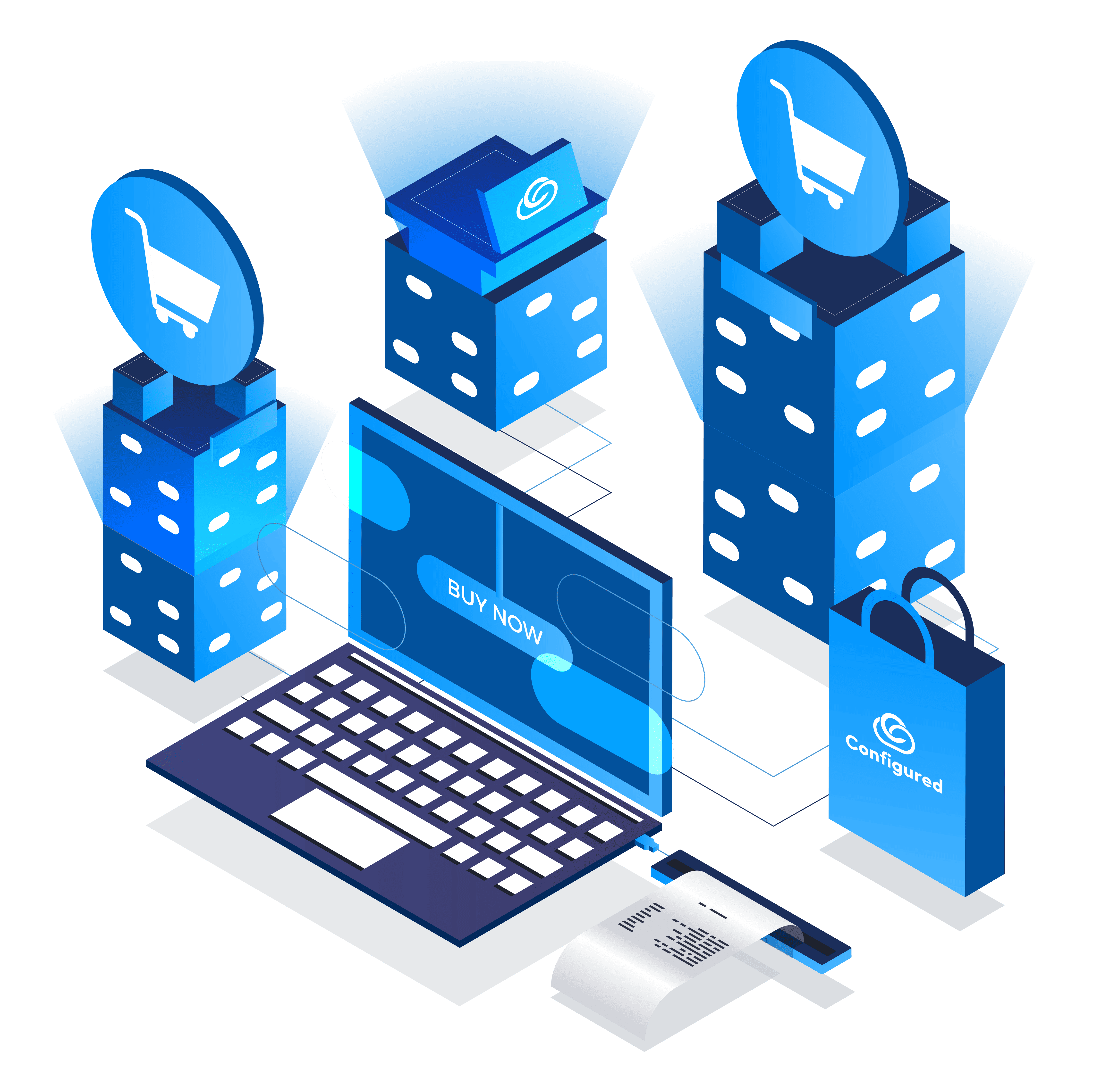 This image depicts a laptop with a 'Buy Now' button, symbolizing e-commerce. It is connected to multiple servers, representing cloud-based, reliable hosting services configured to handle online transactions efficiently.