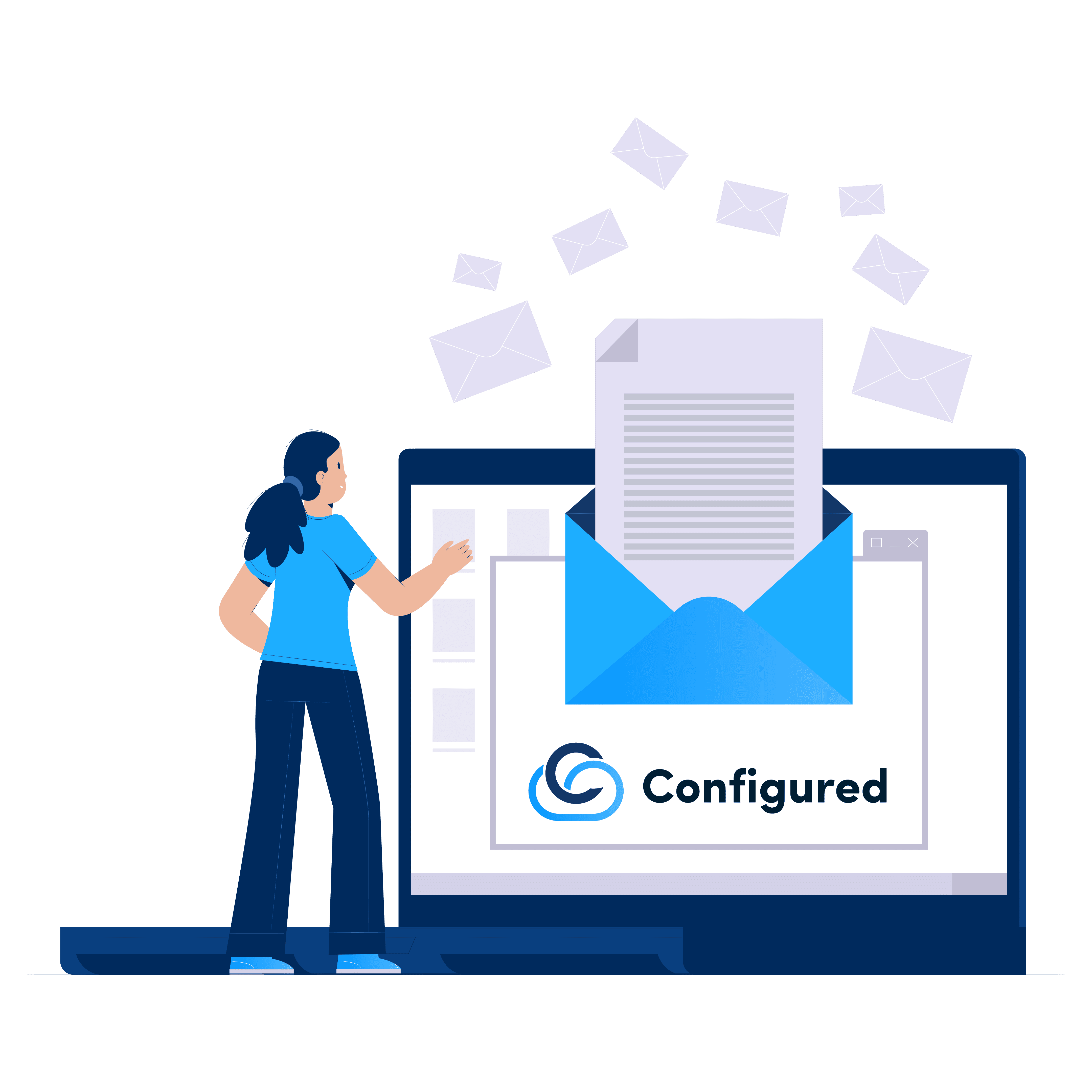 This image shows a person interacting with a computer screen, where envelopes and documents are being sent from a large open envelope. The 'Configured' cloud logo highlights reliable email hosting services.