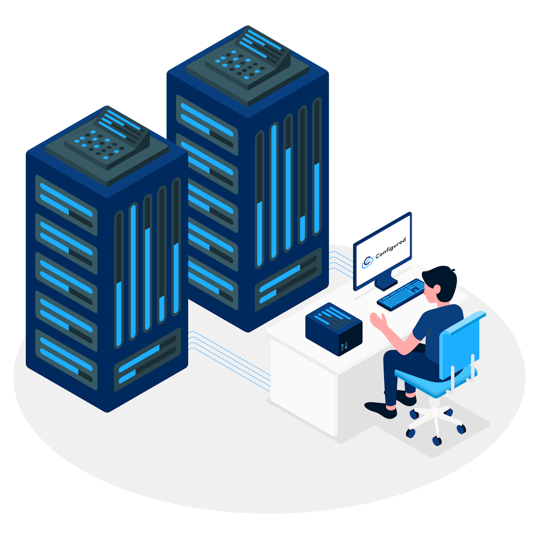  This image illustrates a person managing servers, representing a configured cloud environment. It highlights reliable hosting services through advanced server infrastructure, symbolizing efficient virtual private server (VPS) management for business growth.