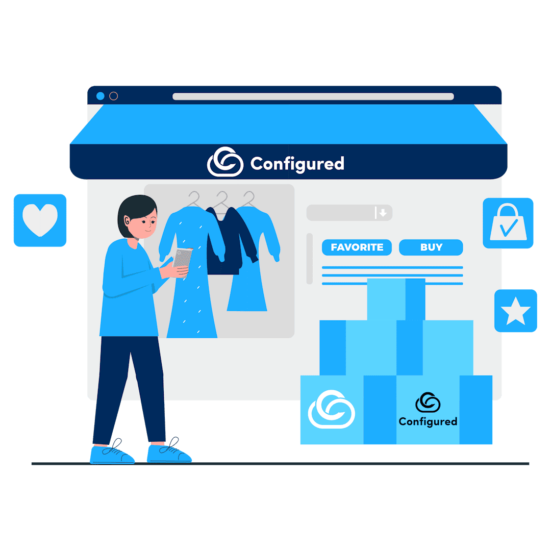 This image illustrates e-commerce development, with one person designing a website and another handling payment integration. It emphasizes cloud-configured services and reliable hosting for expanding customer reach and online transactions.