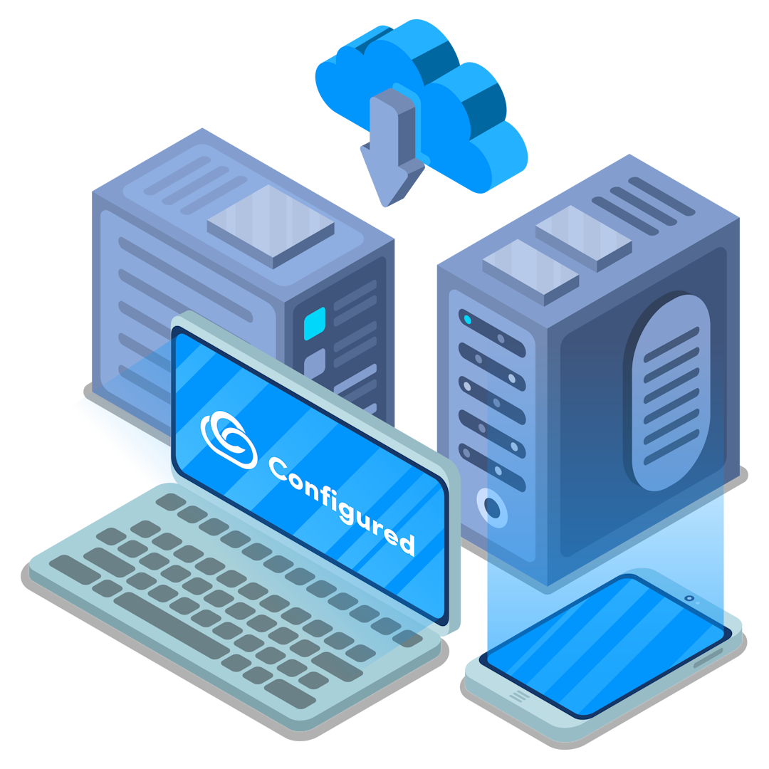 The image shows servers connected to a cloud icon, a laptop, and a mobile device. It represents Configured Cloud's reliable hosting services across multiple devices, emphasizing the integration of cloud technology.