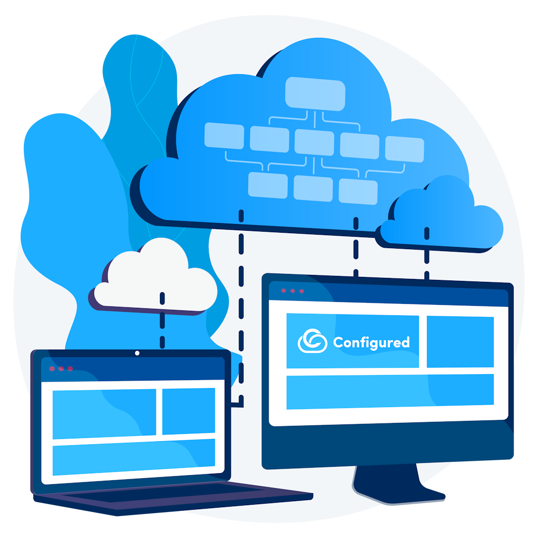 This image illustrates interconnected devices, such as a laptop and desktop, linked to a well-configured cloud system. It represents seamless, reliable hosting services with efficient data management and synchronized cloud storage.