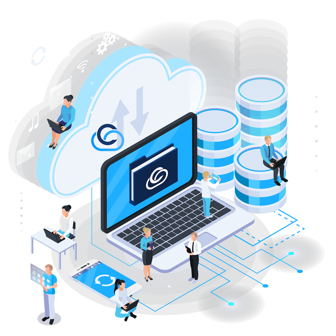 The image illustrates cloud computing with people accessing data on various devices. A cloud symbol with upload/download arrows and database stacks represent data storage, transfer, and synchronization across a digital network.