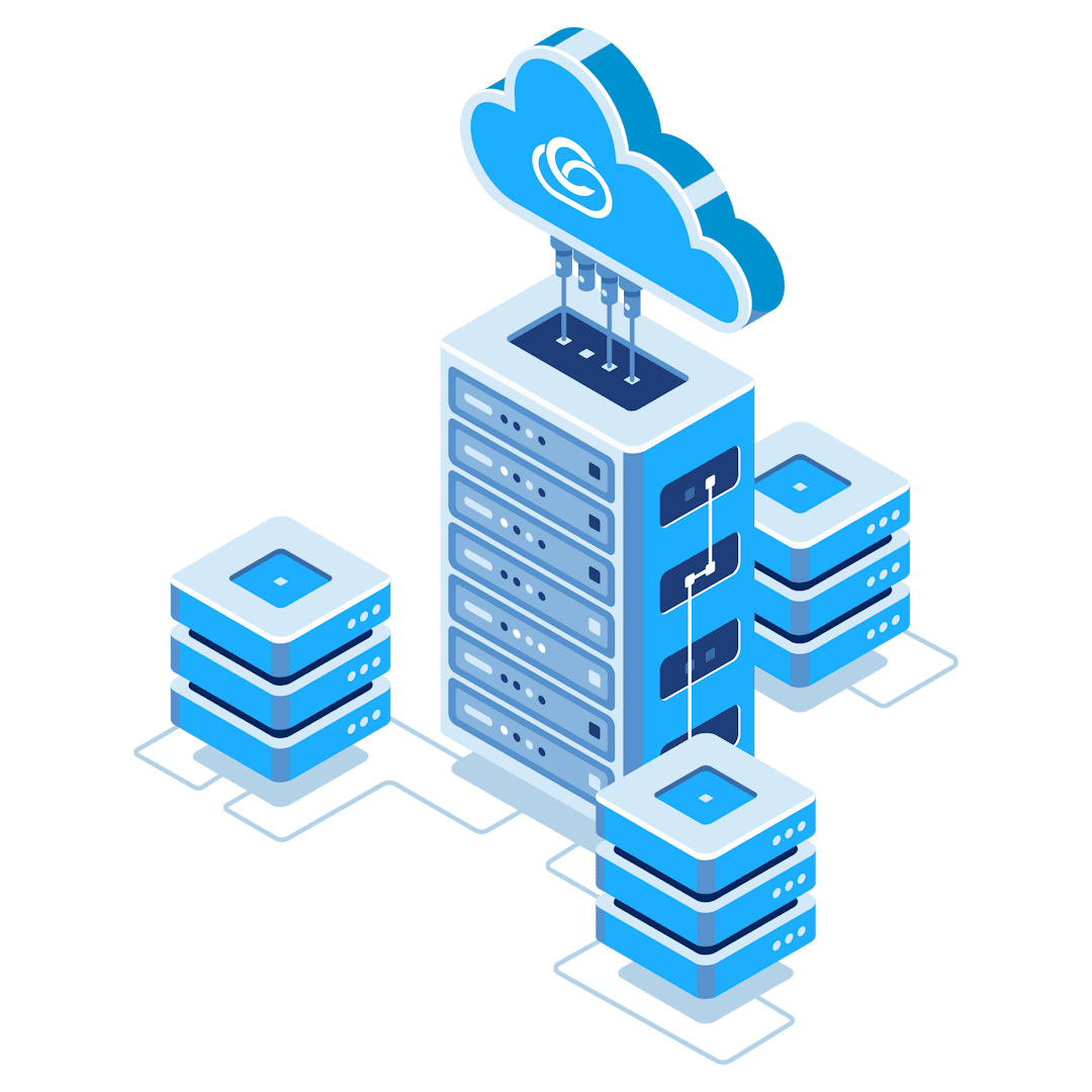 The image displays multiple servers connected to a cloud symbol, representing configured cloud and reliable hosting services. It emphasizes data storage, networking, and cloud-based solutions with an upward arrow indicating cloud uploading.