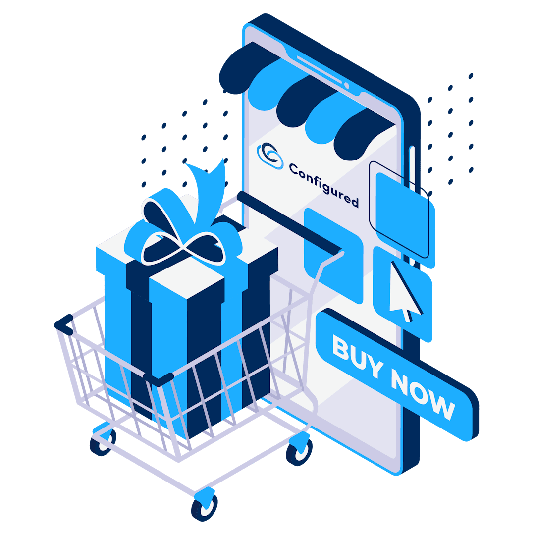 An illustration of online shopping, showing a smartphone screen with a storefront awning, a shopping cart containing a gift box, and a 'buy now' button, symbolizing cloud-configured eCommerce services and reliable hosting.