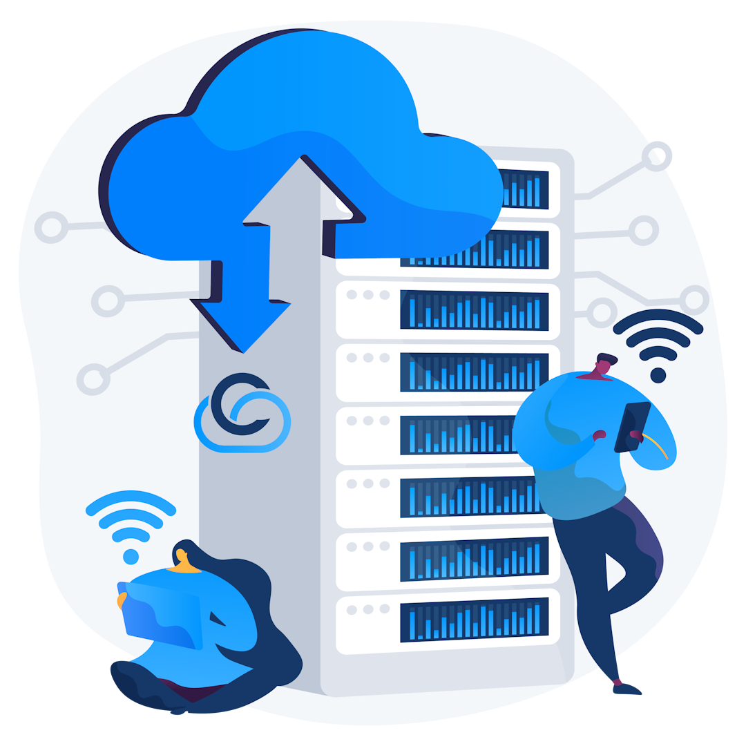 The image illustrates two people managing a cloud-connected server. One person monitors data on a tablet, while another uses a device, representing configured cloud infrastructure and reliable hosting services for seamless connectivity.