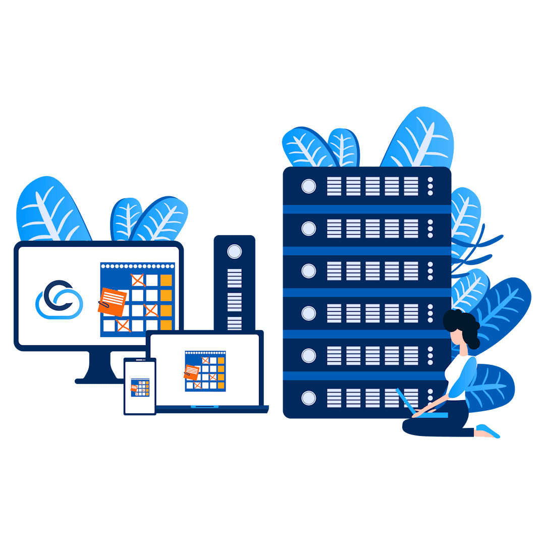 The image features interconnected servers and a cloud icon, symbolizing data storage and transfer. It visually represents Configured Cloud's reliable hosting services with robust infrastructure and secure cloud technology for businesses.