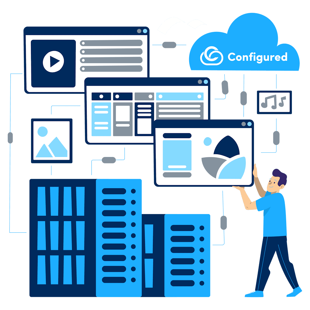 An illustration showing a person managing multiple web interfaces connected to a cloud labeled 'WWW.'and a server infrastructure, symbolizing configured cloud and reliable hosting services for seamless website management.