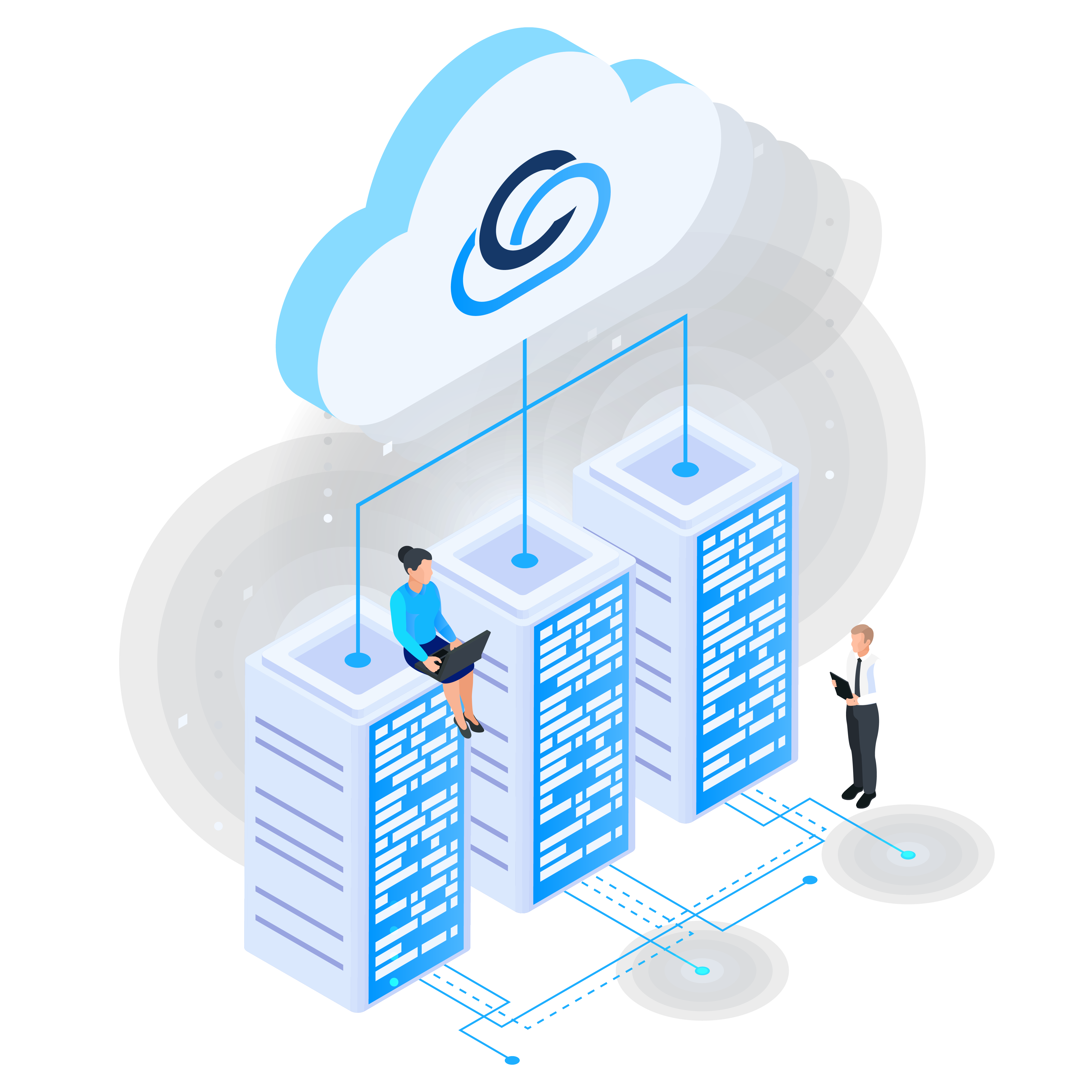 The image depicts two people managing a server system, symbolizing configured cloud infrastructure and reliable hosting services. One individual configures server gears, while another monitors data streams, showcasing 24/7 operational support.