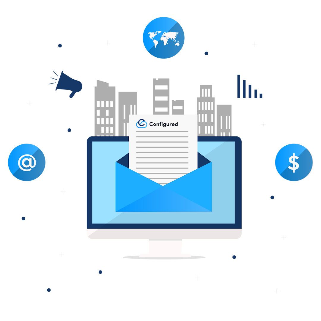  This image illustrates a professional business setting, with a computer screen displaying an open envelope and a 'Configured' cloud logo. Surrounding icons emphasize reliable email hosting services for global and financial needs.