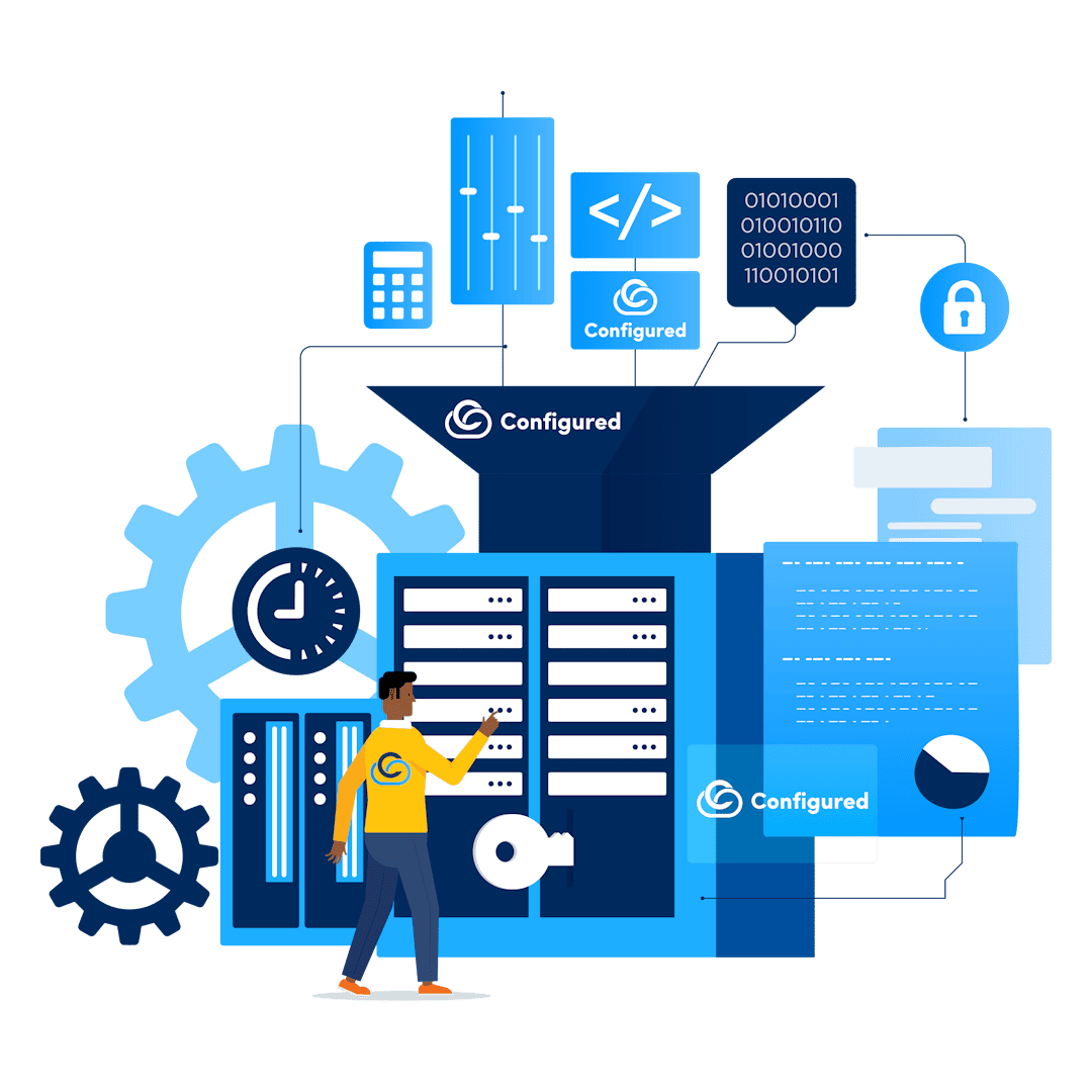 The image displays a person interacting with servers, showcasing database readiness, SQL integration, and cloud-based infrastructure. It highlights configured cloud services and reliable hosting solutions with data security and efficient system management.