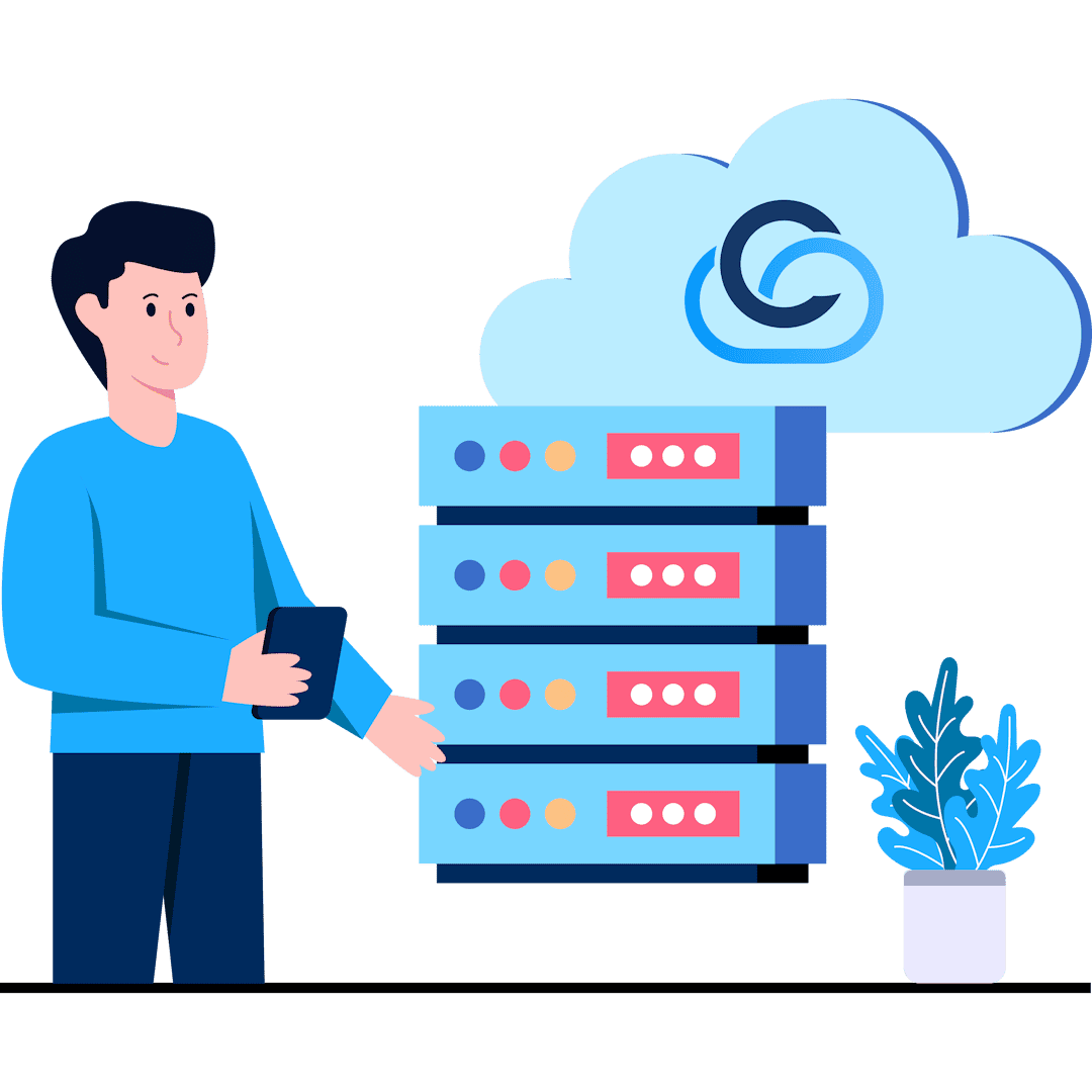 An illustration of a person working at a desk with a laptop, connected to multiple servers, symbolizing configured cloud and reliable hosting services for managing and maintaining scalable server infrastructure.