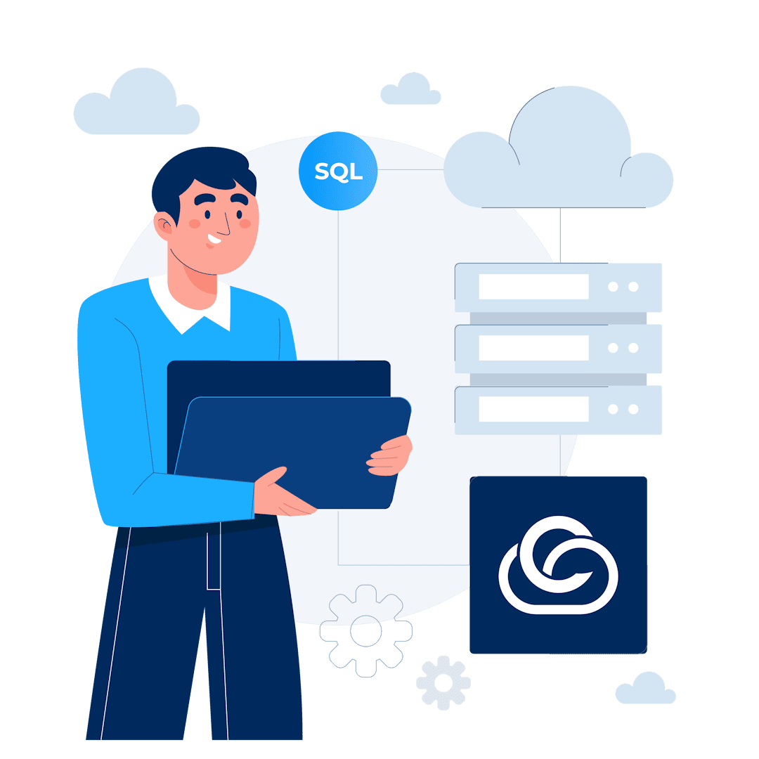 The image shows a person holding a folder next to a server stack, illustrating SQL integration, configured cloud solutions, and reliable hosting services for seamless data management and cloud-based operations.