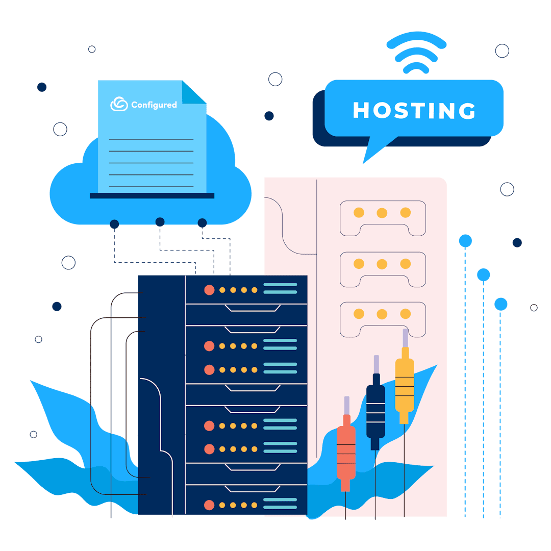 The image features servers connected to a cloud icon, representing configured cloud and reliable hosting services. It highlights data storage, networking, and file sharing elements, emphasizing cloud infrastructure.