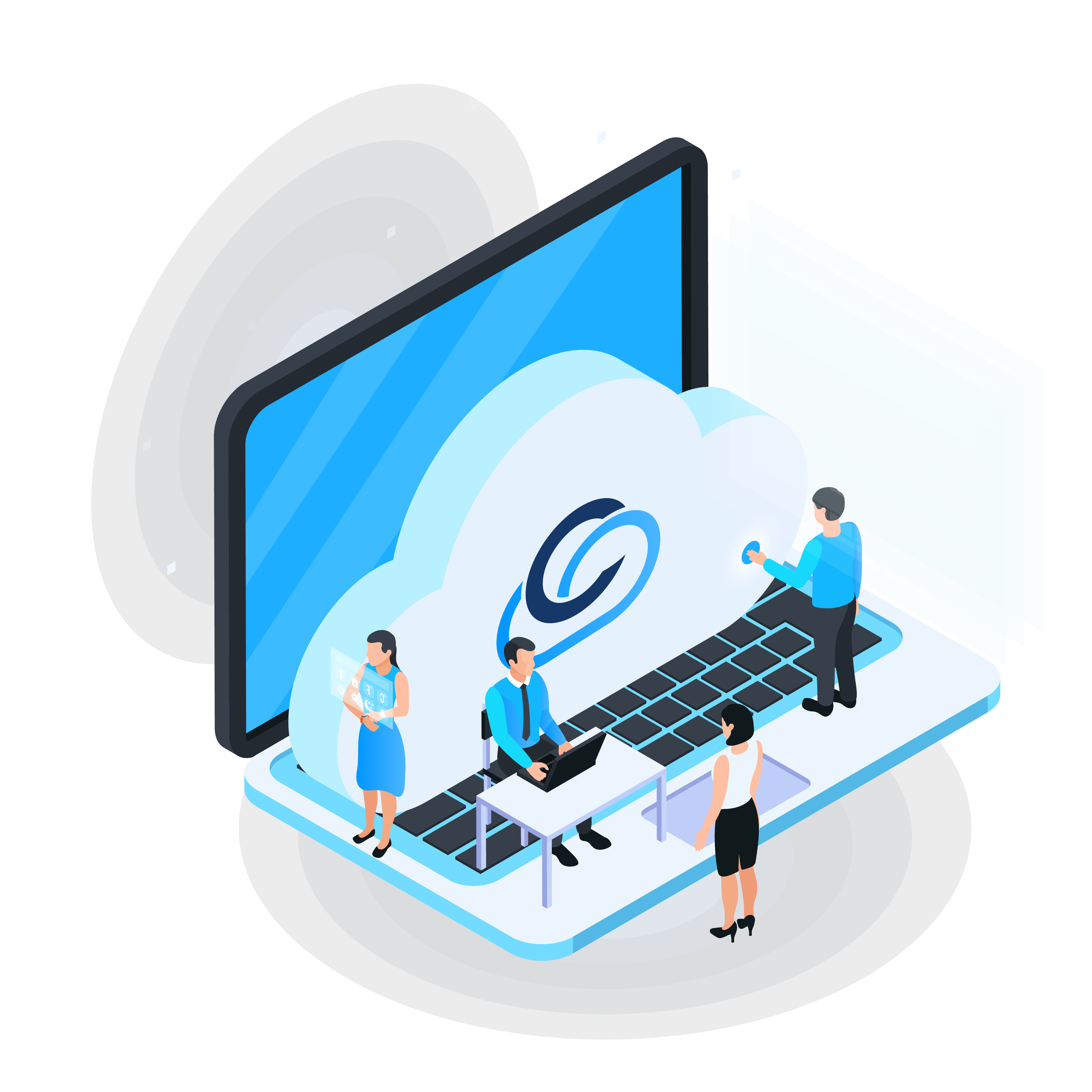 This image shows a cloud connected to multiple servers, symbolizing a well-configured cloud infrastructure. The icons above represent various digital services, highlighting reliable hosting services with secure storage, data analytics, and email.