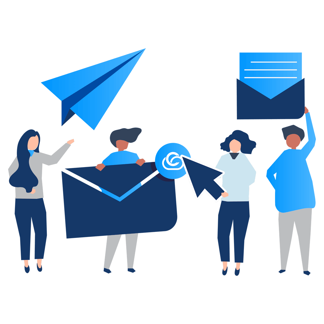 This image features people holding envelopes and a paper plane, symbolizing smooth email communication. A cursor points to the 'Configured' cloud logo, highlighting reliable email hosting services for seamless connectivity.