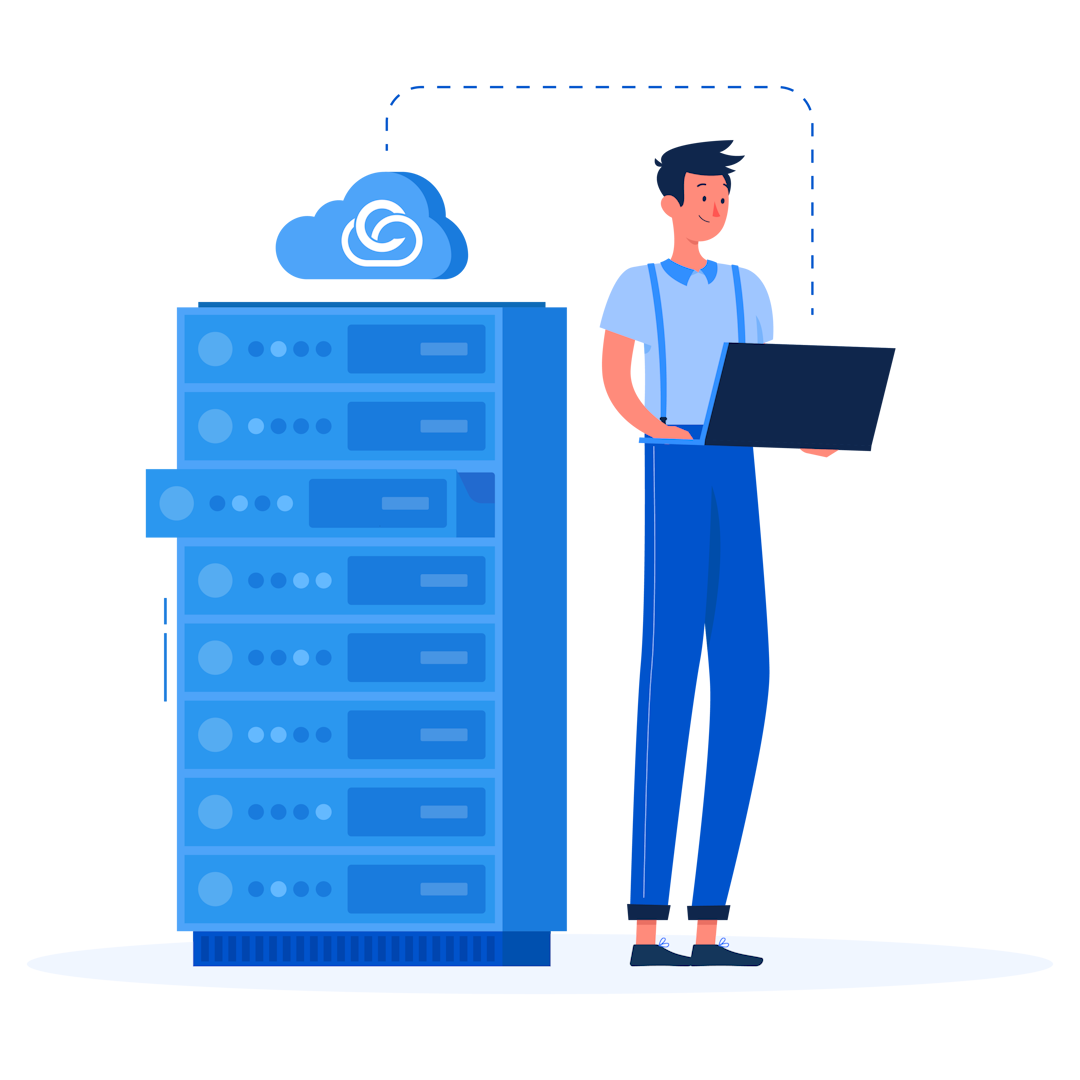 The image shows a person managing a server with a laptop, connected to a cloud icon. It highlights configured cloud infrastructure and reliable hosting services, emphasizing efficient data management and online accessibility.