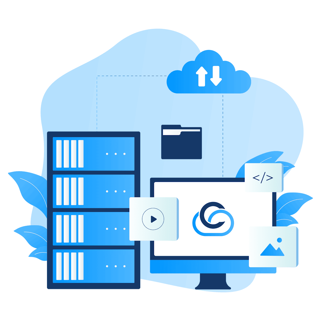 This image showcases a server rack, a desktop, and a cloud, representing a configured cloud environment offering reliable hosting services. It emphasizes data storage, cloud integration, and multimedia support.