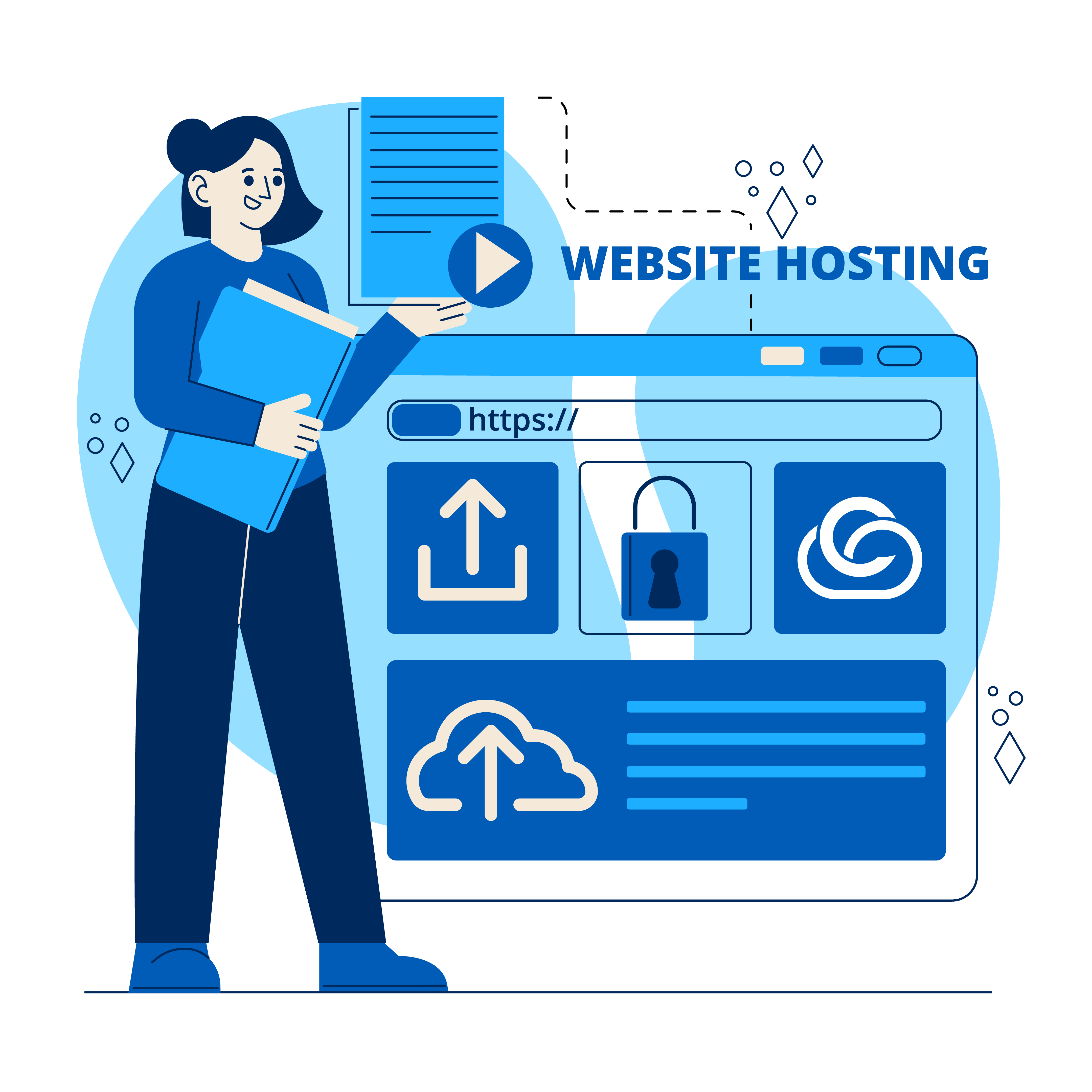 This image showcases a website development environment, featuring domain names, coding elements, and server infrastructure. It emphasizes reliable hosting services and configured cloud solutions, supporting efficient website creation and management processes.