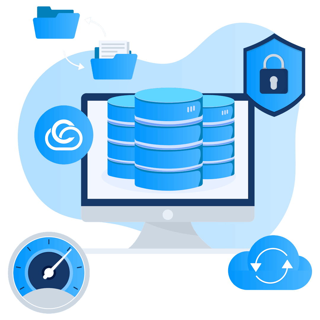 This image illustrates a secure and optimized cloud hosting setup. It shows databases connected to a monitor, symbolizing reliable hosting services, enhanced with data syncing, file management, and performance monitoring capabilities.